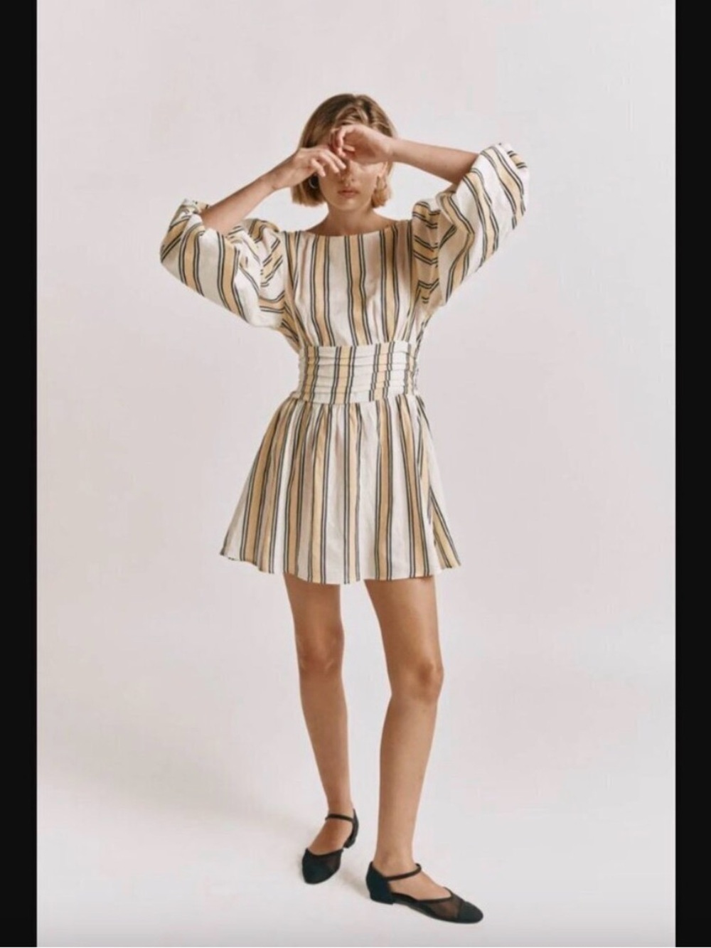 NWT! VRG GRL Striped Puff-Sleeve Mini Dress in Cream and Yellow Size 10
